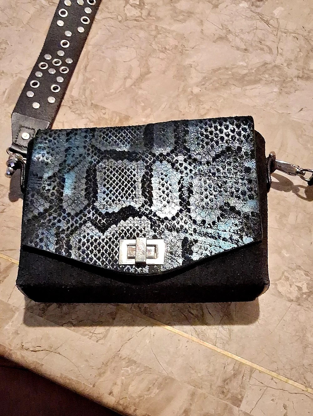 Free People Suade Animal Print Crossbody Bag in Black & Blue Like New